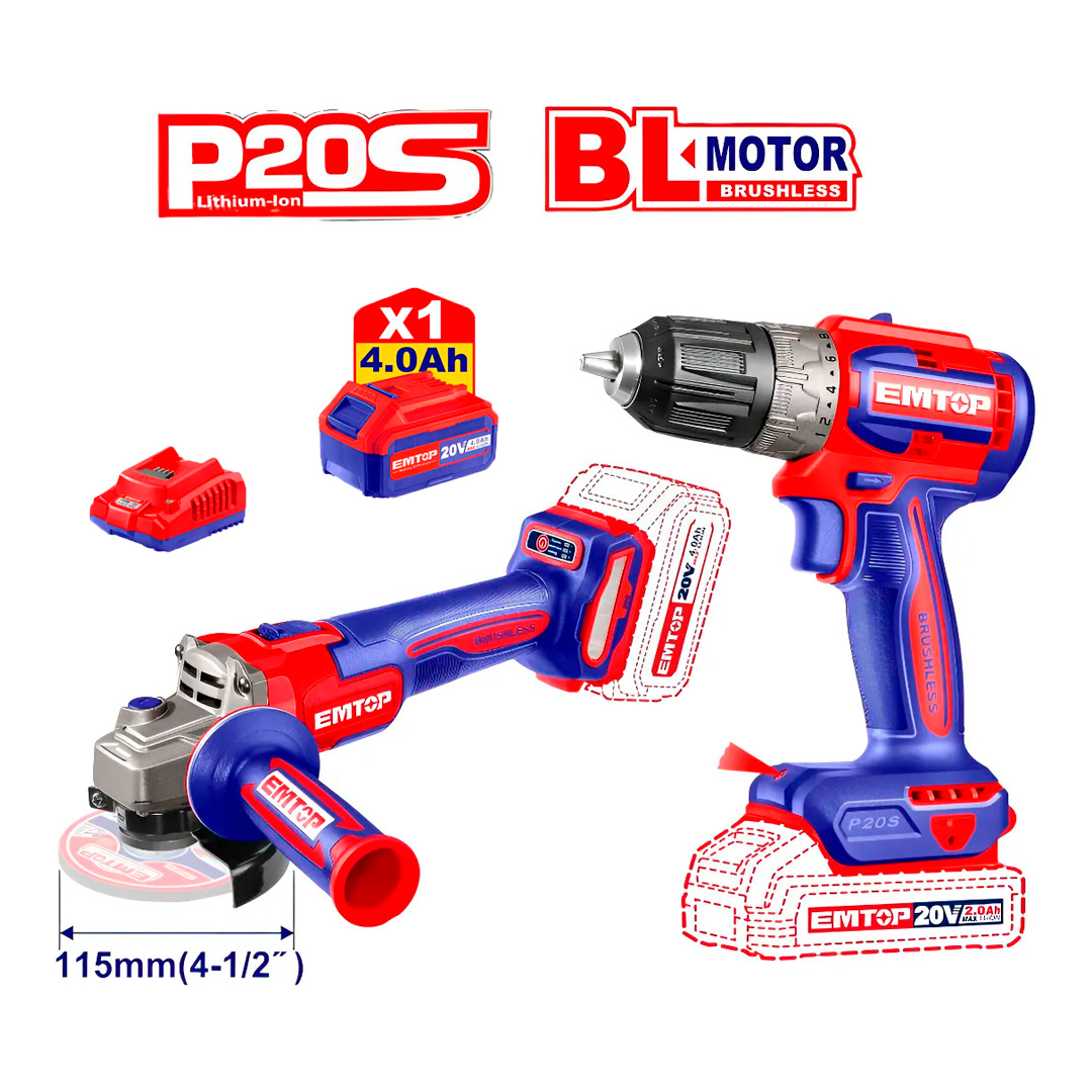 Kit De Amoladora y Atornillador A Batería 4ah 20v P20s Emtop / Combo EMTOP