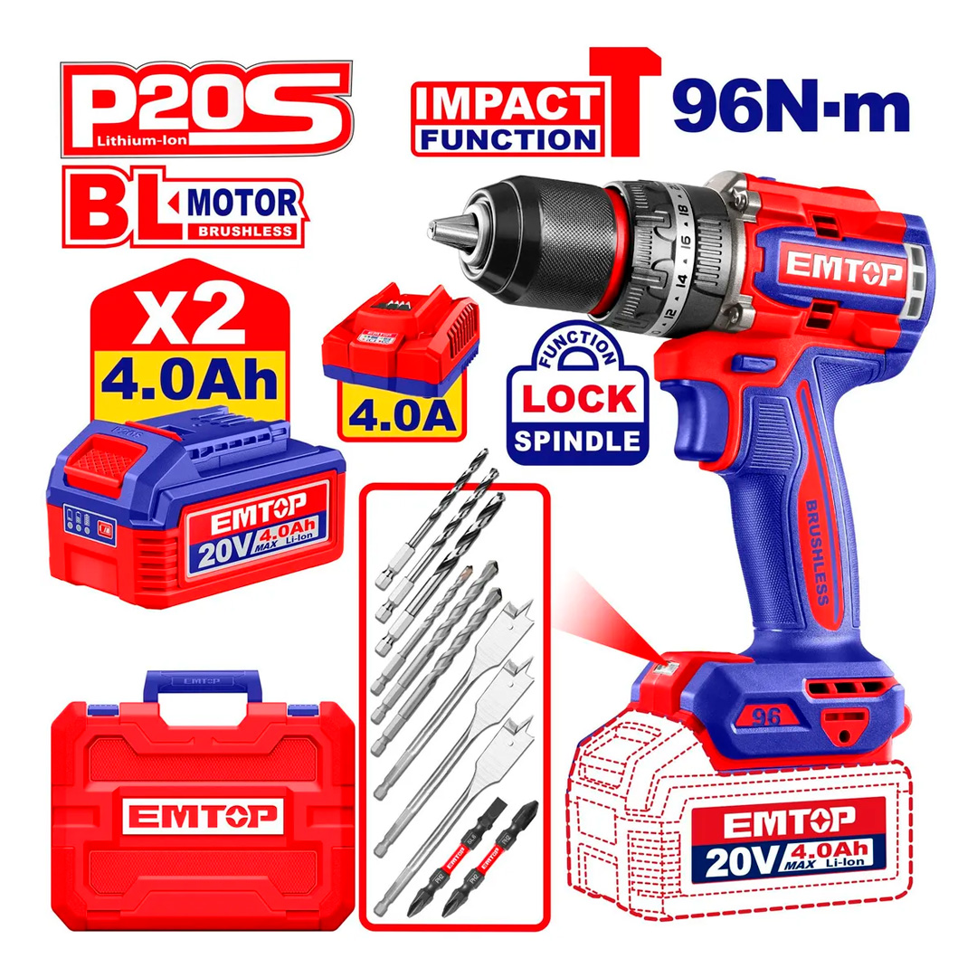 Taladro Atornillador Percutor Emtop 96nm 13mm 2 Baterías 4ah / ECIDL20968